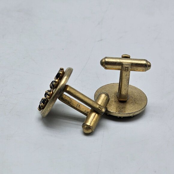 Vintage Gold Tone Cufflinks With Black Rhinestones Circle Design - Picture 4 of 5
